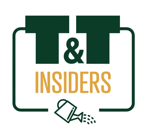 Logo with 'T&T' and 'INSIDERS' text, accompanied by a watering can icon on a white background.